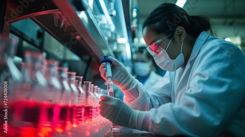 scientist working in laboratory with tubes, blood samples, mask, goggles, protection 