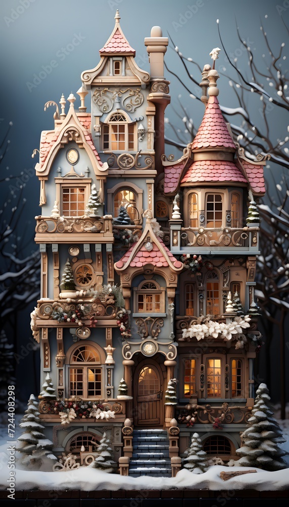 Winter fairy tale scene with wooden toy house, snow and trees.