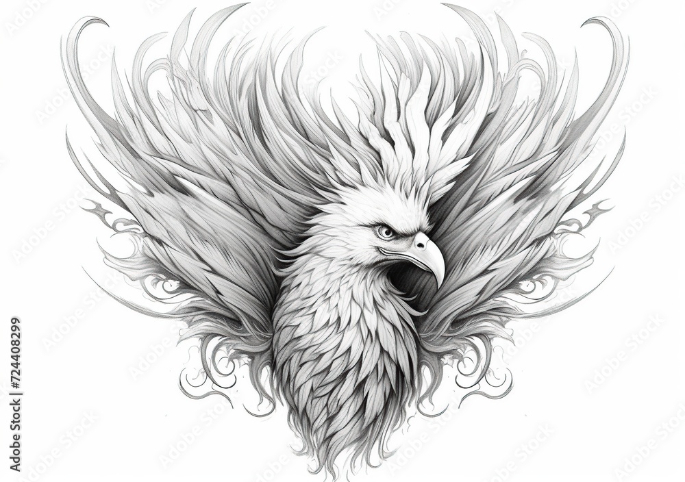 black and white front facing phoenix illustration