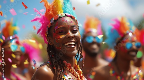 Vibrant Carnival Spirit with Joyful Dancer in Feather Headdress and Face Paint
