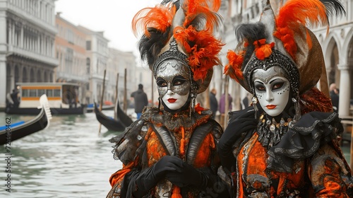 Opulent Venetian Carnival Costumes with Traditional Masks on Grand Canal