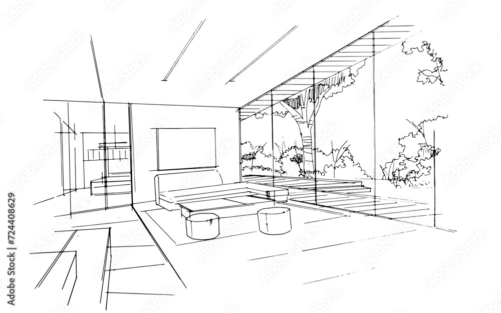 Interior design sketch of a modern home living room. , Graphic assembly in architecture and interior design work. ,Sketch ideas for interior or exterior designs. Interior design sketch of a modern home living room. , Graphic assembly in architecture and interior design work. ,Sketch ideas for interior or exterior designs.