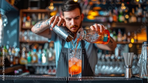 male bartender preparing a cocktail at bar in the pub, restaurant, pub, man photo