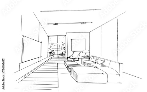 Interior design sketch of a modern home living room.