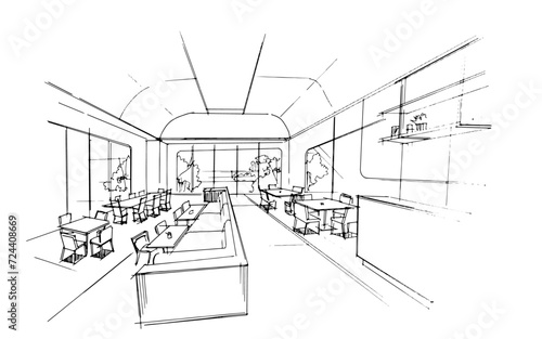 Restaurant interior design sketch. , Graphic assembly in architecture and interior design work. ,Sketch ideas for interior or exterior designs.