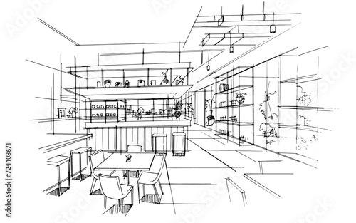 Restaurant interior design sketch. , Graphic assembly in architecture and interior design work. ,Sketch ideas for interior or exterior designs.