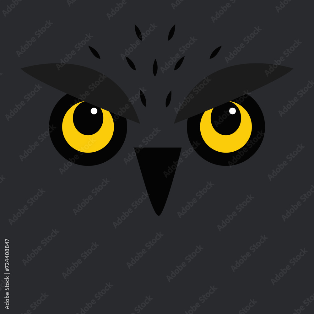 Owl face icon. Cute eagle owl. Kawaii cartoon funny character. Bird with big yellow eyes, beak nose, brows, fur. Forest birds collection. Flat design. Isolated. Black background. Owl face icon. Cute eagle owl. Kawaii cartoon funny character. Bird with big yellow eyes, beak nose, brows, fur. Forest birds collection. Flat design. Isolated. Black background.