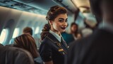 Female flight attendant in the uniform on the plain, pilot, women, smiling