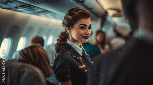 Female flight attendant in the uniform on the plain, pilot, women, smiling