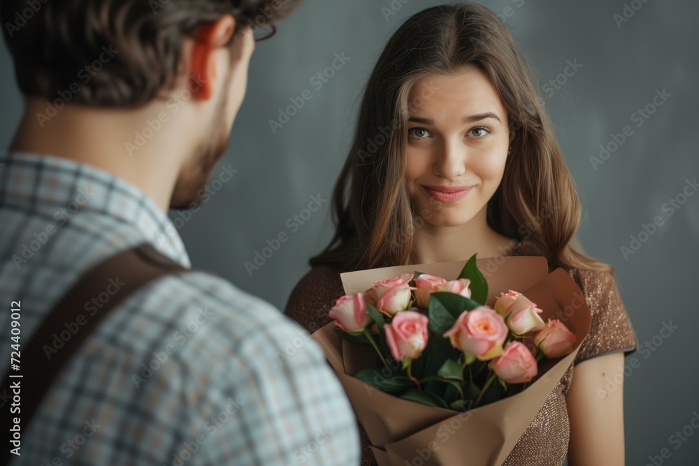 Surprised woman, man's clichéd gift Surprised woman, man's clichéd gift