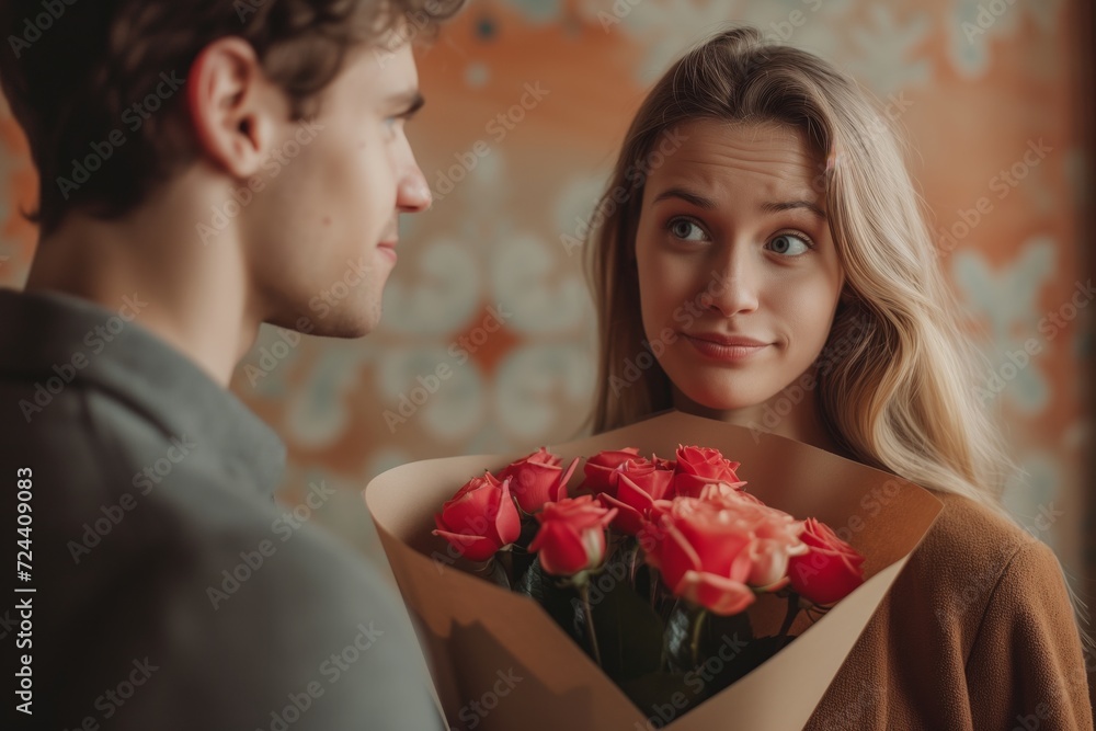Surprised woman, man's clichéd gift Surprised woman, man's clichéd gift