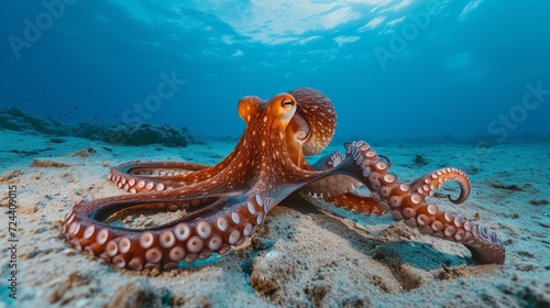 large orange octopus swimming in a reef in the ocean, sea, predator 