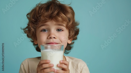 A charming young boy sipping milk from a glass against an opaque blue backdrop, space, Generative AI.