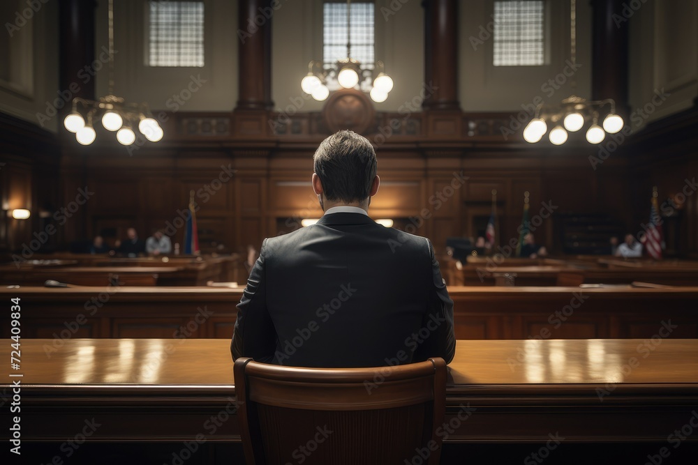 Male lawyer in suit sitting at the table in a courtroom or law enforcement office, rear view. Law, legal services, advice, Justice and real estate concept.