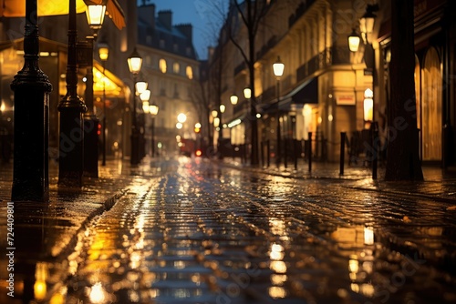 Cobblestone street at night after a heavy rain. Long exposure. beautiful view of night street, wet floor of street and street lanterns. view of the city after rain.
