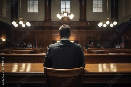 Male lawyer in suit sitting at the table in a courtroom or law enforcement office, rear view. Law, legal services, advice, Justice and real estate concept.