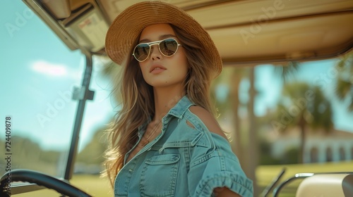 Young women with sunglasses and hat standing by golf cart photo