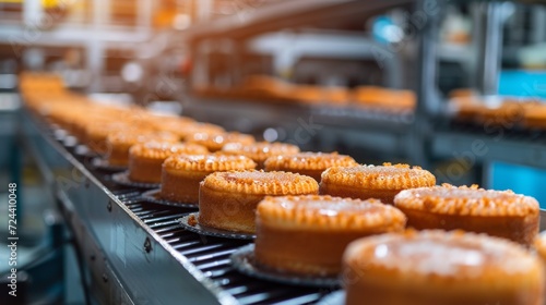 Cakes on automation circular conveyor machine in bakery food factory, production line