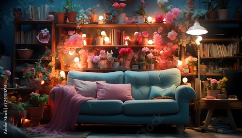 Comfortable sofa in cozy living room decorated with flowers and candles.