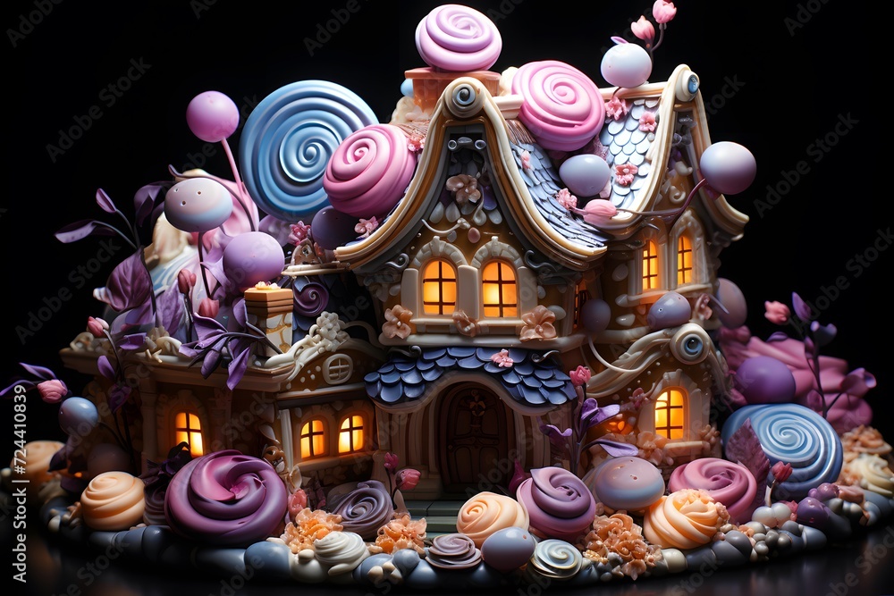 Cute gingerbread house with colorful candies on a black background