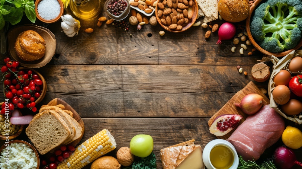 a variety of food items such as bread, nuts, fruits, cheeses, and meats arranged on a wooden surface, creating a border with an open space in the middle a variety of food items such as bread, nuts, fruits, cheeses, and meats arranged on a wooden surface, creating a border with an open space in the middle