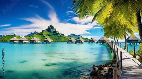 Quiet and calm lagoon on the island with crystal clear, azure water bungalows over the water and palm trees.