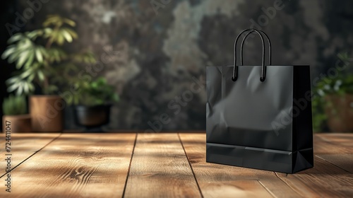 A glossy black paper shopping bag mockup with black handles put on a wooden table with space, Generative AI.