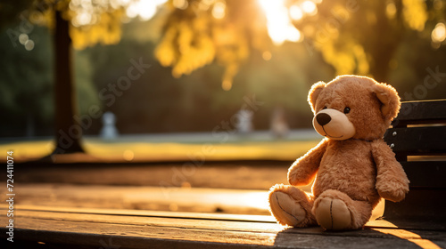 Teddy Bear Sitting Alone on a Park Bench at Sunset. Lost Childhood Toy and Nostalgia Concept photo
