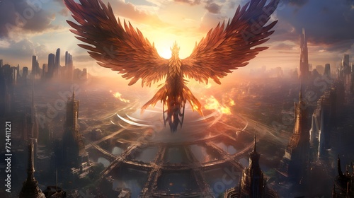 3d rendering of an eagle flying over a city at sunset.