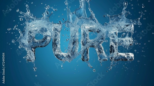 Clear water splash in form of word Pure. Transparent liquid on blue background