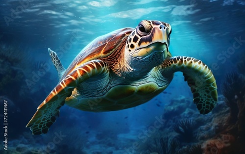 Under the sea banner. Marina poster. Portrait of a happy sea turtle swimming underwater. Diving spot concept. AI Generative.