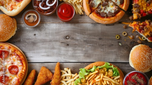a flat lay of various fast food items such as pizza, burgers, fries, and condiments spread out on a wooden table, creating a frame with an empty space in the middle