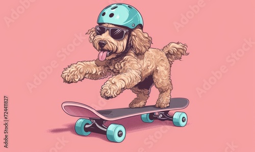 a cartoon-style blond labradoodle dog skateboarding, wearing a blue helmet and sunglasses, against a pink background.