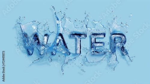 Clear water splash in form of word Water. Transparent liquid on blue background