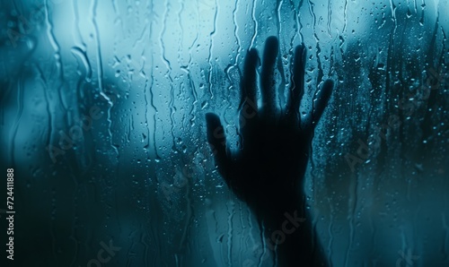  a shadowy silhouette of a hand pressed against a window with rain droplets on it, illuminated by a blue light