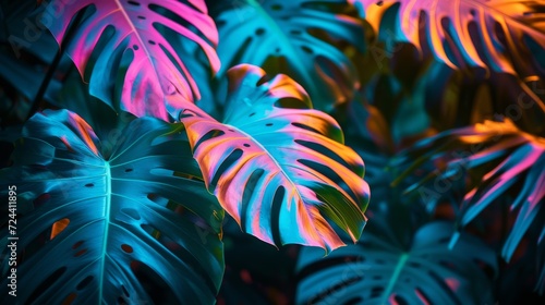 Neon Monstera deliciosa leaves growing in tropical forest