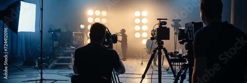 Film crew team with light man and cameraman working together with director in big studio, video production behind the scenes making of TV commercial movie. Banner photo
