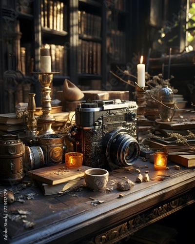 Vintage still life with books, candlesticks and old camera