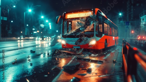 Bus crash dangerous accident on the road at night photo