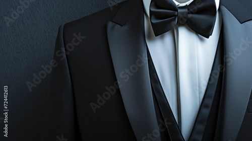 Closeup of a gentleman's black tie tuxedo with copyspace