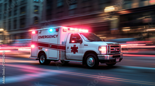 Ambulance with lights flashing speeding through the city on an emergency call