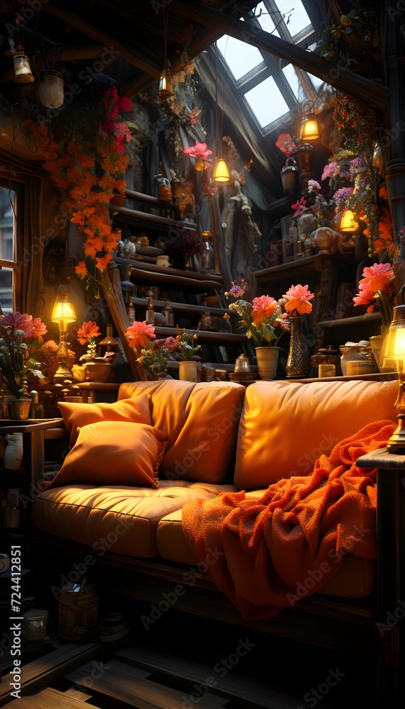Interior of a vintage house with orange cushions and flowers.
