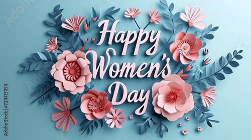 A text of happy woman's day banner with flowers and other staffs in a clean backdrop, Generative AI.