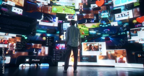 Backview Of Caucasian Man Pressing A Button And Connecting To Metaverse Big Data Visualization with Viral Videos, Advertising, Social Media with Influencers, Online Art and Internet Communities. photo