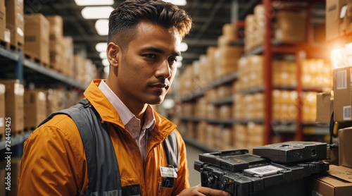 Salesman in a hardware warehouse standing checking scan box in logistics for inventory check using barcode reader