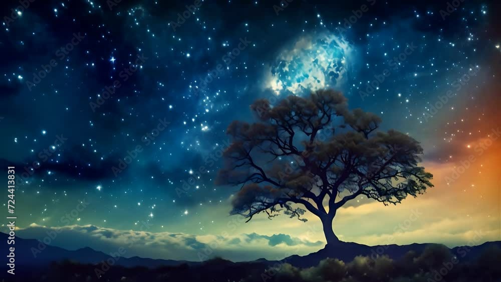 Fabulous animated night scene of a lone tree against a bright starry sky