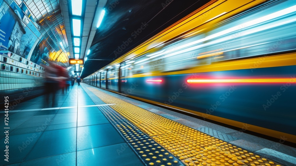 Fototapeta premium Motion blur passing underground train to the tunnel on the subway platform