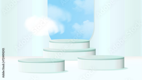 Green stage podium with sky and cloud background vector. 3D Stage podium and minimal cloud scene for an Award Ceremony. Vector illustration.