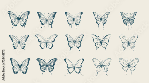 Set of butterfly vintage tattoo hand drawn style. Monochrome vector.
