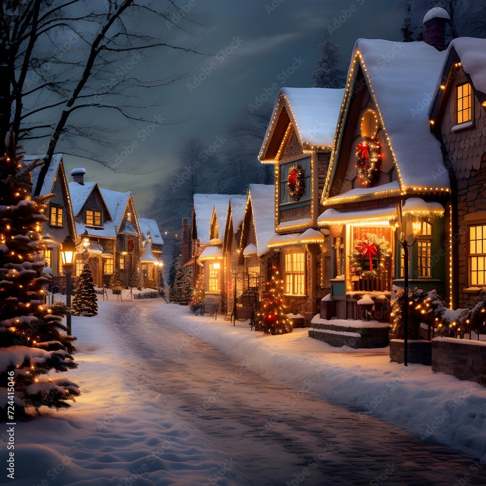 Winter night in a small village. The house is decorated for Christmas.
